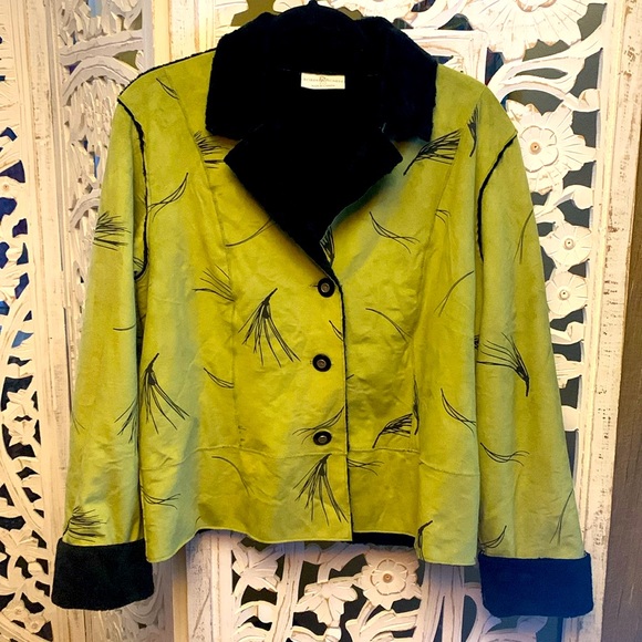 Robert Kitchen Yellow Green Faux Suede Vintage Jacket with Shearling accents - Picture 1 of 5